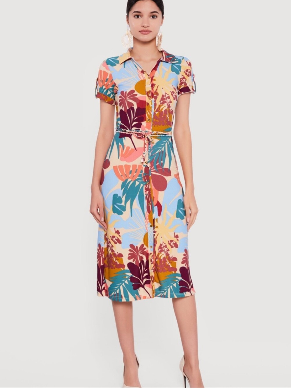 Multi-Color Tropical Floral Print Shirt Dress with Tie Belt